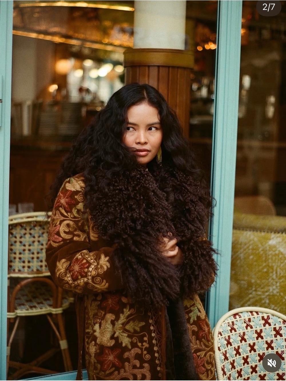 Embroidered Brown Long Coat with Mongolian fur trim - Picture 2 of 2